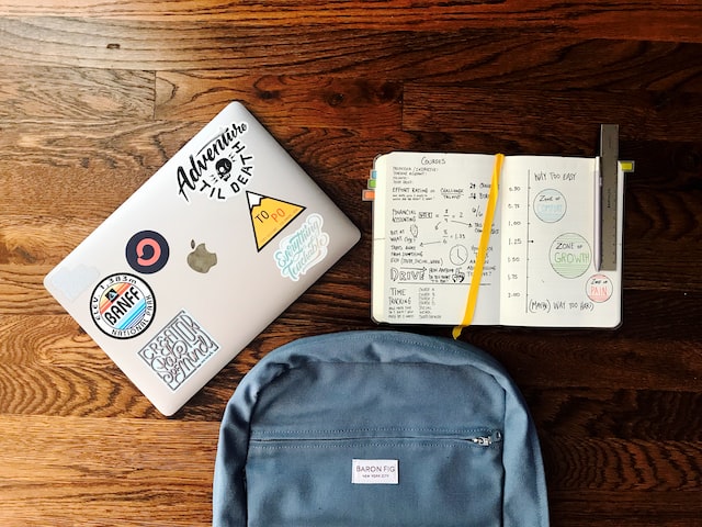 back to school essentials resting on a brown table